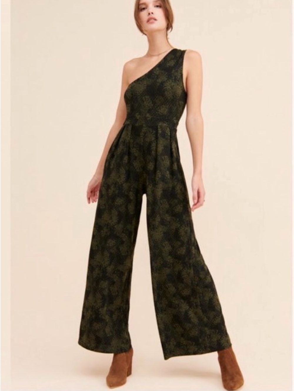 Free People Maya Jumpsuit Womens Small Asymmetrical Olive Green One Shoulder NWT